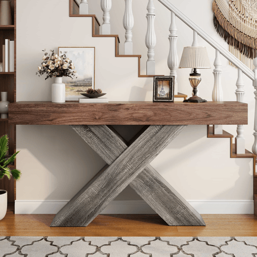 Mesa de console estreita - pés em X, acabamento com efeito de madeira, tampo em aglomerado, para a entrada e a sala de estar - nogueira