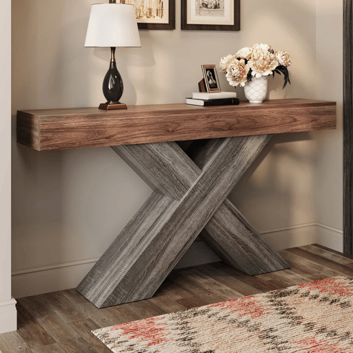 Mesa de console estreita - pés em X, acabamento com efeito de madeira, tampo em aglomerado, para a entrada e a sala de estar - nogueira