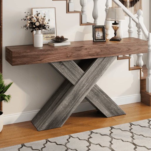 Mesa de console estreita - pés em X, acabamento com efeito de madeira, tampo em aglomerado, para a entrada e a sala de estar - nogueira
