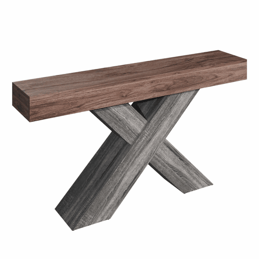 Mesa de console estreita - pés em X, acabamento com efeito de madeira, tampo em aglomerado, para a entrada e a sala de estar - nogueira