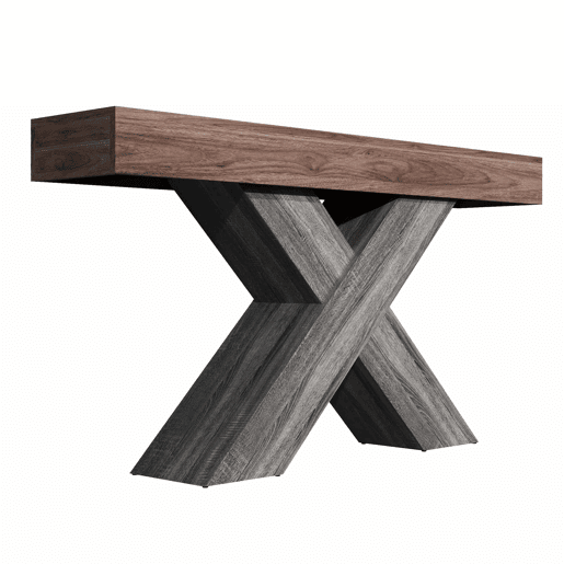 Mesa de console estreita - pés em X, acabamento com efeito de madeira, tampo em aglomerado, para a entrada e a sala de estar - nogueira