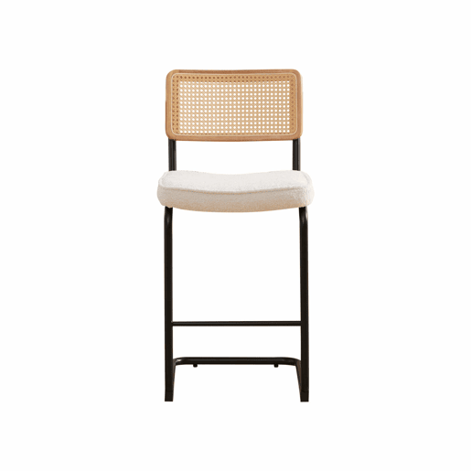 Bancos de bar (2 unidades) - design de alto brilho, assento em chenille, encosto com estrutura em madeira e efeito rattan, sem braços, pernas metálicas lacadas - Marfim Bancos de bar (2 unidades) - design de alto brilho, assento em chenille, encosto com estrutura em madeira e efeito rattan, sem braços, pernas metálicas lacadas - Marfim