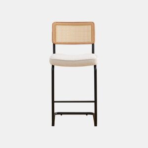 Bancos de bar (2 unidades) - design de alto brilho, assento em chenille, encosto com estrutura em madeira e efeito rattan, sem braços, pernas metálicas lacadas - Marfim