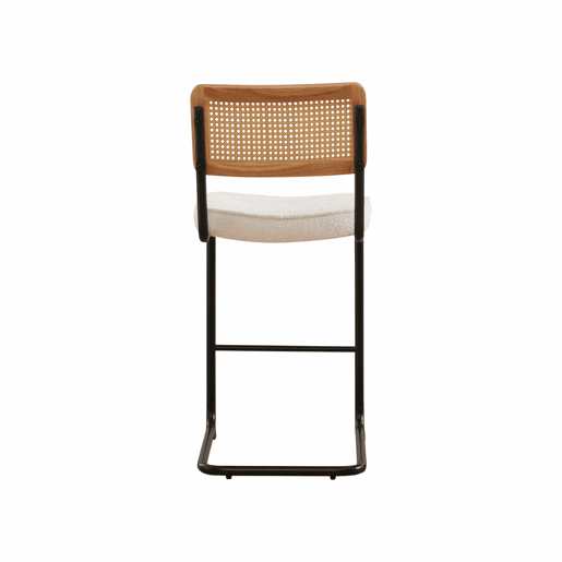 Bancos de bar (2 unidades) - design de alto brilho, assento em chenille, encosto com estrutura em madeira e efeito rattan, sem braços, pernas metálicas lacadas - Marfim Bancos de bar (2 unidades) - design de alto brilho, assento em chenille, encosto com estrutura em madeira e efeito rattan, sem braços, pernas metálicas lacadas - Marfim