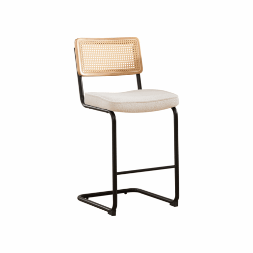Bancos de bar (2 unidades) - design de alto brilho, assento em chenille, encosto com estrutura em madeira e efeito rattan, sem braços, pernas metálicas lacadas - Marfim Bancos de bar (2 unidades) - design de alto brilho, assento em chenille, encosto com estrutura em madeira e efeito rattan, sem braços, pernas metálicas lacadas - Marfim