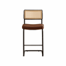 Conjunto de 2 bancos de bar modernos - design de alto brilho, estofados em couro sintético PU de estilo vintage, sem braços, encosto com estrutura em madeira e efeito rattan, pernas metálicas lacadas - Castanho