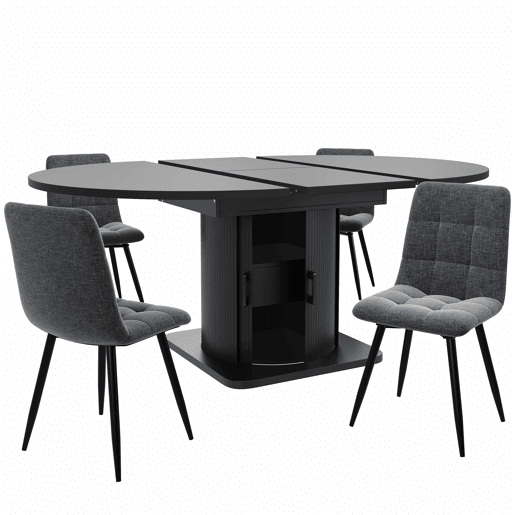 Conjunto de mesa de jantar de 5 peças para 4-6 pessoas - mesa extensível com gavetas, 4 cadeiras em linho cinzento-preto