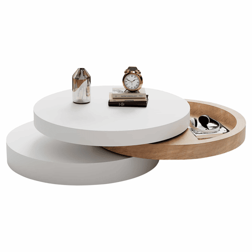 Mesa de centro cilíndrica - tampo giratório a 360° para sala de estar, mesa auxiliar de 3 níveis com 3 superfícies de arrumação, capacidade de carga de 30 kg, madeira de salgueiro com espaço de arrumação - Branco e natural Mesa de centro cilíndrica - tampo giratório a 360° para sala de estar, mesa auxiliar de 3 níveis com 3 superfícies de arrumação, capacidade de carga de 30 kg, madeira de salgueiro com espaço de arrumação - Branco e natural
