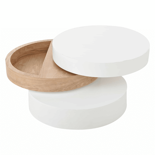 Mesa de centro cilíndrica - tampo giratório a 360° para sala de estar, mesa auxiliar de 3 níveis com 3 superfícies de arrumação, capacidade de carga de 30 kg, madeira de salgueiro com espaço de arrumação - Branco e natural Mesa de centro cilíndrica - tampo giratório a 360° para sala de estar, mesa auxiliar de 3 níveis com 3 superfícies de arrumação, capacidade de carga de 30 kg, madeira de salgueiro com espaço de arrumação - Branco e natural