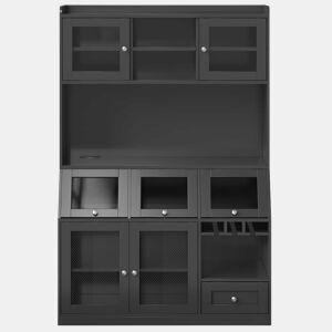 Armário alto de cozinha 120 x 40 x 181,7 cm - com porta USB, arrumação multifuncional, ampla superfície de trabalho, portas de vidro e iluminação LED - preto