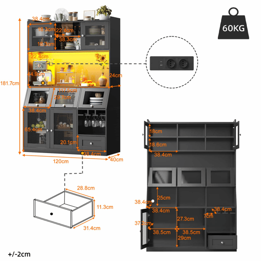 Armário alto de cozinha 120 x 40 x 181,7 cm - com porta USB, arrumação multifuncional, ampla superfície de trabalho, portas de vidro e iluminação LED - preto Armário alto de cozinha 120 x 40 x 181,7 cm - com porta USB, arrumação multifuncional, ampla superfície de trabalho, portas de vidro e iluminação LED - preto