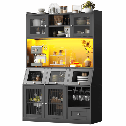 Armário alto de cozinha 120 x 40 x 181,7 cm - com porta USB, arrumação multifuncional, ampla superfície de trabalho, portas de vidro e iluminação LED - preto Armário alto de cozinha 120 x 40 x 181,7 cm - com porta USB, arrumação multifuncional, ampla superfície de trabalho, portas de vidro e iluminação LED - preto