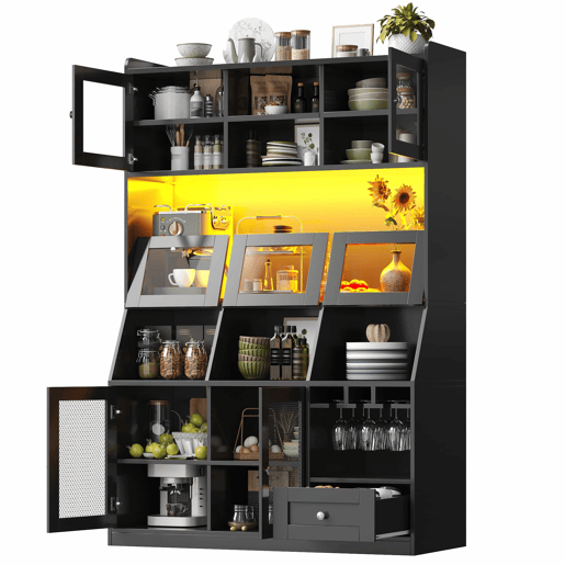 Armário alto de cozinha 120 x 40 x 181,7 cm - com porta USB, arrumação multifuncional, ampla superfície de trabalho, portas de vidro e iluminação LED - preto Armário alto de cozinha 120 x 40 x 181,7 cm - com porta USB, arrumação multifuncional, ampla superfície de trabalho, portas de vidro e iluminação LED - preto