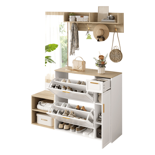 Móvel de entrada de painel de partículas com sapateira e espelho,natural+branco