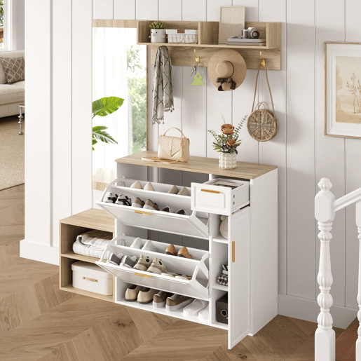 Móvel de entrada de painel de partículas com sapateira e espelho,natural+branco
