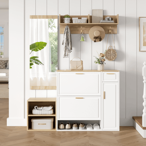 Móvel de entrada de painel de partículas com sapateira e espelho,natural+branco