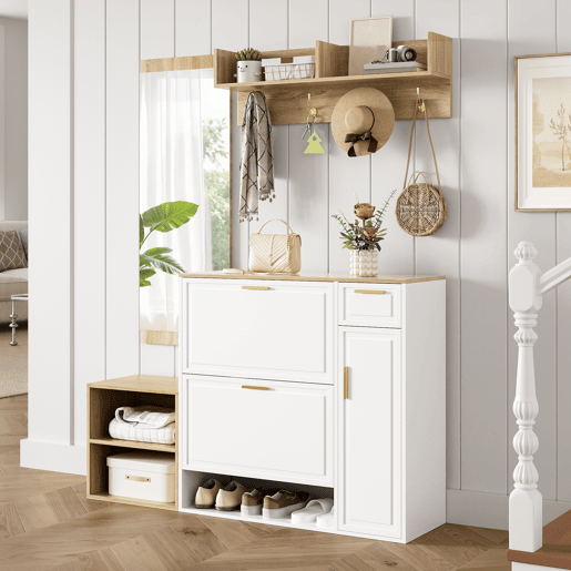 Móvel de entrada de painel de partículas com sapateira e espelho,natural+branco