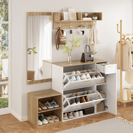 Móvel de entrada de painel de partículas com sapateira e espelho,natural+branco