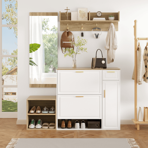 Móvel de entrada de painel de partículas com sapateira e espelho,natural+branco