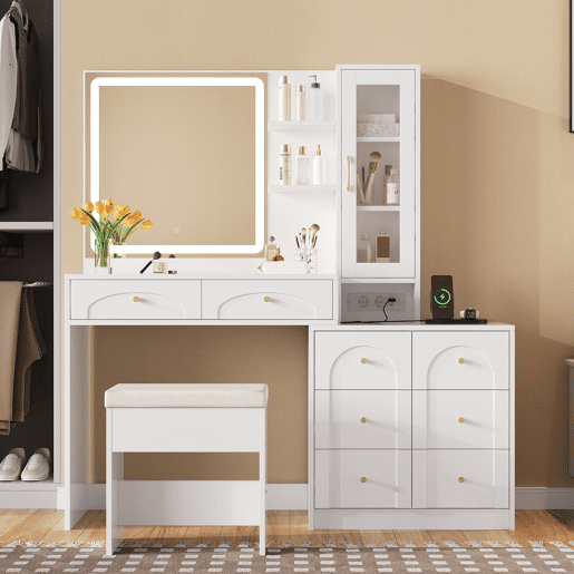 Toucador de painel de partículas com espelho e 6 gavetas,branco