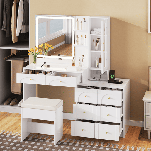 Toucador de painel de partículas com espelho e 6 gavetas,branco