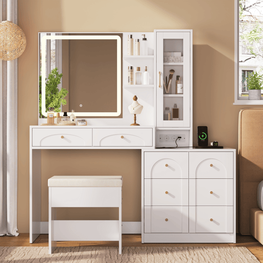 Toucador de painel de partículas com espelho e 6 gavetas,branco