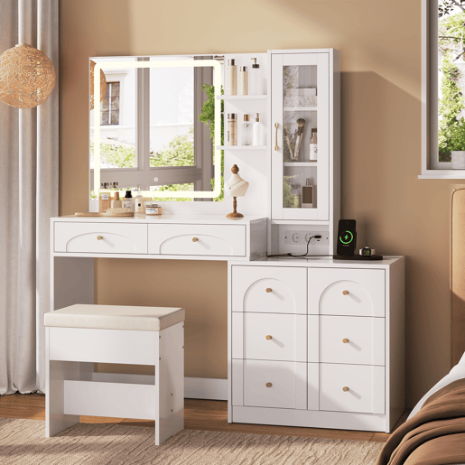 Toucador de painel de partículas com espelho e 6 gavetas,branco
