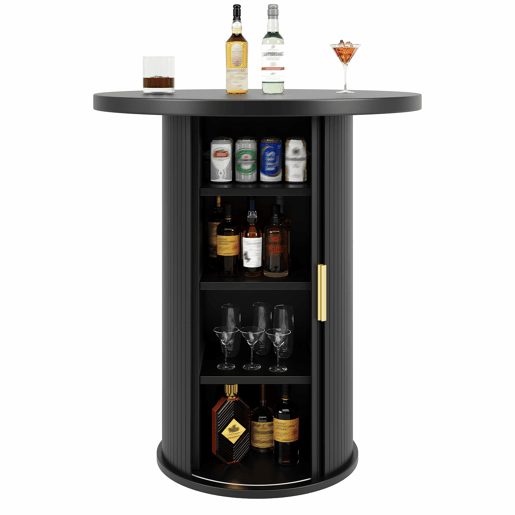 Conjunto de mesa alta de bar com 2 bancos - mesa redonda com espaço de arrumação e 2 bancos ergonómicos em MDF com efeito de madeira - Preto