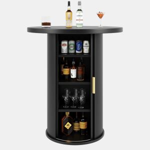 Conjunto de mesa alta de bar com 2 bancos - mesa redonda com espaço de arrumação e 2 bancos ergonómicos em MDF com efeito de madeira - Preto
