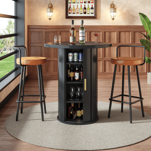Conjunto de mesa alta de bar com 2 bancos - mesa redonda com espaço de arrumação e 2 bancos ergonómicos em MDF com efeito de madeira - Preto