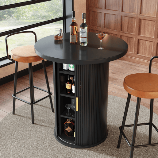 Conjunto de mesa alta de bar com 2 bancos - mesa redonda com espaço de arrumação e 2 bancos ergonómicos em MDF com efeito de madeira - Preto