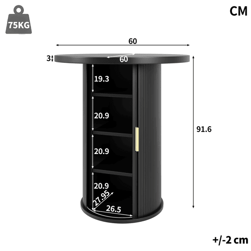 Conjunto de mesa alta de bar com 2 bancos - mesa redonda com espaço de arrumação e 2 bancos ergonómicos em MDF com efeito de madeira - Preto