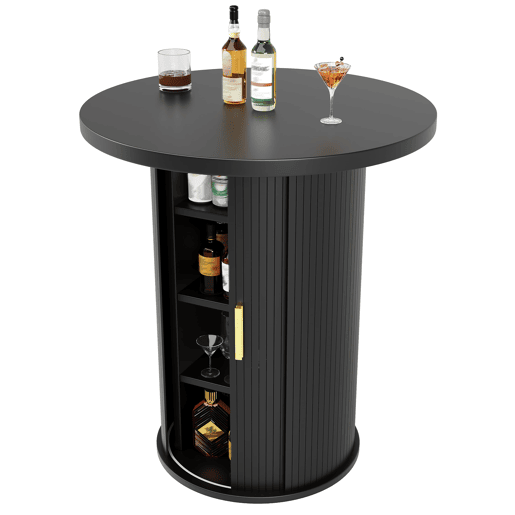 Conjunto de mesa alta de bar com 2 bancos - mesa redonda com espaço de arrumação e 2 bancos ergonómicos em MDF com efeito de madeira - Preto