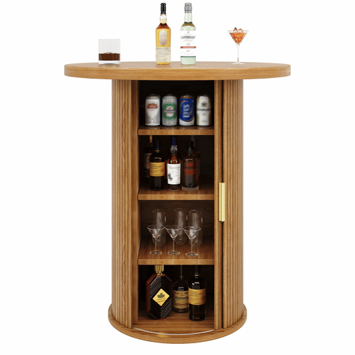 Conjunto de mesa alta de bar com 2 bancos de bar - mesa alta redonda com espaço de arrumação e bancos ergonómicos, MDF com efeito de madeira - madeira