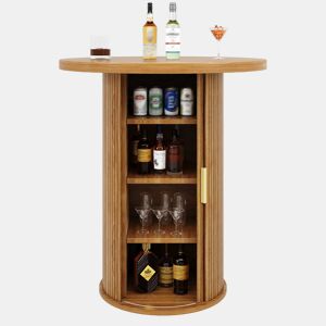 Conjunto de mesa alta de bar com 2 bancos de bar - mesa alta redonda com espaço de arrumação e bancos ergonómicos, MDF com efeito de madeira - madeira