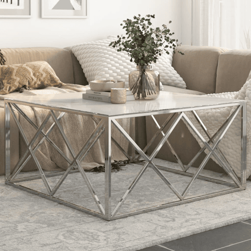 Mesa de Centro, Mesa baixa, aço inoxidável e vidro temperado prateado Mesa de Centro, Mesa baixa, aço inoxidável e vidro temperado prateado