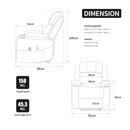 Poltrona relax elétrica com elevação - massagem e aquecimento, encosto e apoio para os pés ajustáveis, bolsos laterais e porta-copos - Cinza