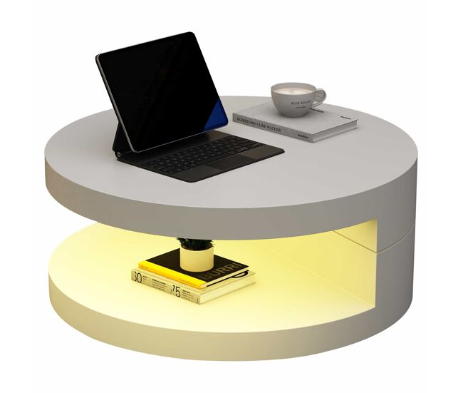 Mesa de centro 70x70x35,5 cm - superficie giratoria 360° con luz led, 2 niveles, carga 30 kg - blanco