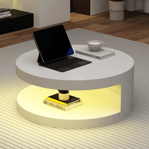 Mesa de centro 70 x 70 x 35,5 cm - Tampo giratório a 360° com luz LED, 2 níveis, capacidade de carga de 30 kg - Branco Mesa de centro 70 x 70 x 35,5 cm - Tampo giratório a 360° com luz LED, 2 níveis, capacidade de carga de 30 kg - Branco