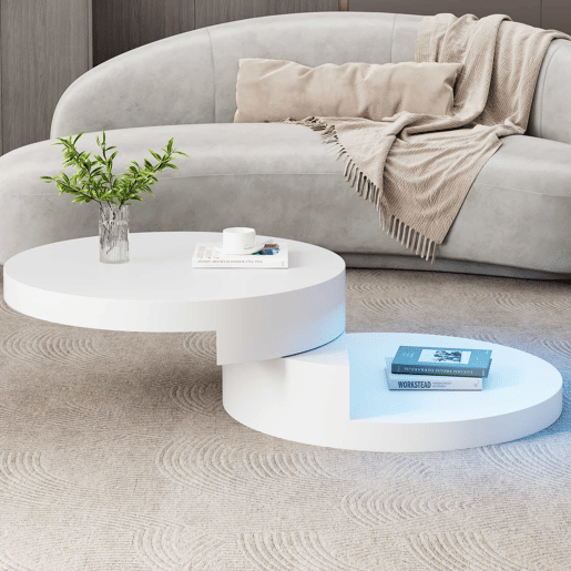 Mesa de centro 70 x 70 x 35,5 cm - Tampo giratório a 360° com luz LED, 2 níveis, capacidade de carga de 30 kg - Branco Mesa de centro 70 x 70 x 35,5 cm - Tampo giratório a 360° com luz LED, 2 níveis, capacidade de carga de 30 kg - Branco