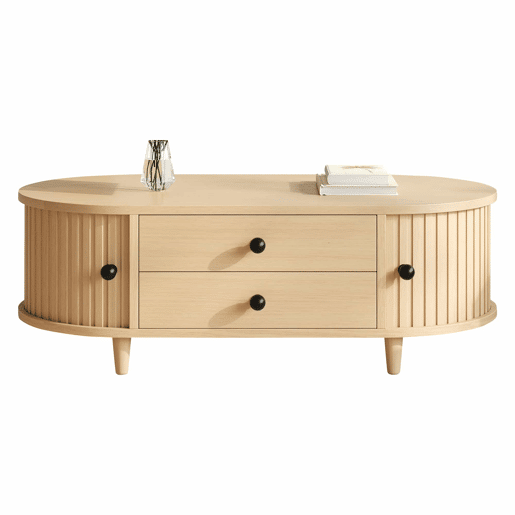 Mesa de centro redonda 100×50×36 cm - portas de correr, 2 gavetas, MDF, pés em madeira maciça, capacidade de carga de 50 kg - madeira natural Mesa de centro redonda 100×50×36 cm - portas de correr, 2 gavetas, MDF, pés em madeira maciça, capacidade de carga de 50 kg - madeira natural