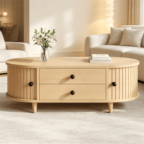 Mesa de centro redonda 100×50×36 cm - portas de correr, 2 gavetas, MDF, pés em madeira maciça, capacidade de carga de 50 kg - madeira natural Mesa de centro redonda 100×50×36 cm - portas de correr, 2 gavetas, MDF, pés em madeira maciça, capacidade de carga de 50 kg - madeira natural