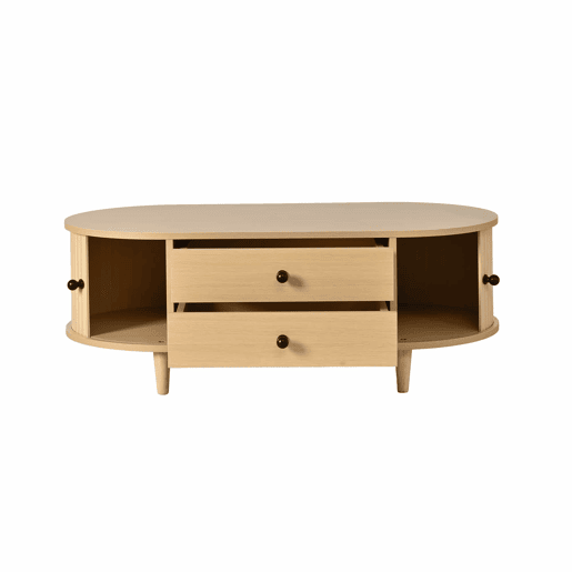Mesa de centro redonda 100×50×36 cm - portas de correr, 2 gavetas, MDF, pés em madeira maciça, capacidade de carga de 50 kg - madeira natural Mesa de centro redonda 100×50×36 cm - portas de correr, 2 gavetas, MDF, pés em madeira maciça, capacidade de carga de 50 kg - madeira natural