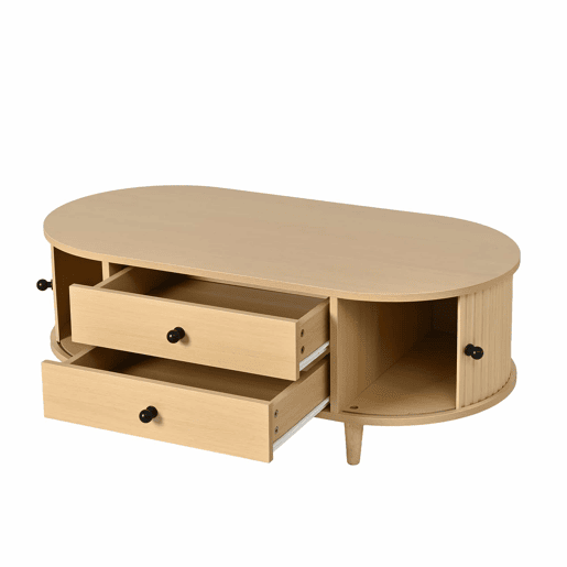 Mesa de centro redonda 100×50×36 cm - portas de correr, 2 gavetas, MDF, pés em madeira maciça, capacidade de carga de 50 kg - madeira natural Mesa de centro redonda 100×50×36 cm - portas de correr, 2 gavetas, MDF, pés em madeira maciça, capacidade de carga de 50 kg - madeira natural