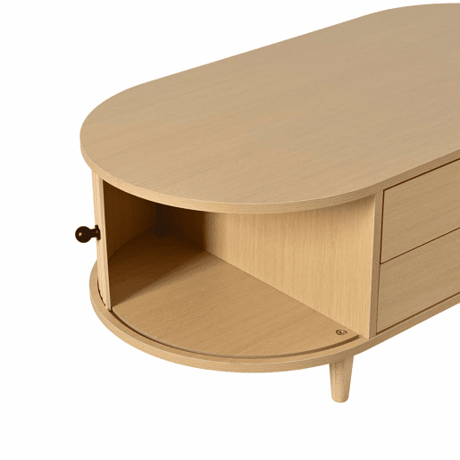 Mesa de centro redonda 100×50×36 cm - portas de correr, 2 gavetas, MDF, pés em madeira maciça, capacidade de carga de 50 kg - madeira natural Mesa de centro redonda 100×50×36 cm - portas de correr, 2 gavetas, MDF, pés em madeira maciça, capacidade de carga de 50 kg - madeira natural