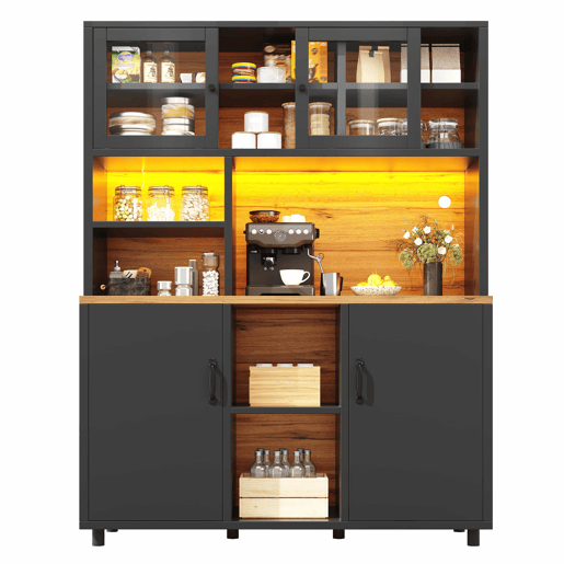 Armário alto de cozinha de 185 cm - iluminação LED, controlo por aplicação, portas de correr, prateleiras ajustáveis - preto com veios de madeira