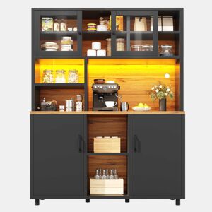 Armário alto de cozinha de 185 cm - iluminação LED, controlo por aplicação, portas de correr, prateleiras ajustáveis - preto com veios de madeira