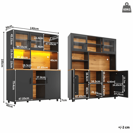 Armário alto de cozinha de 185 cm - iluminação LED, controlo por aplicação, portas de correr, prateleiras ajustáveis - preto com veios de madeira