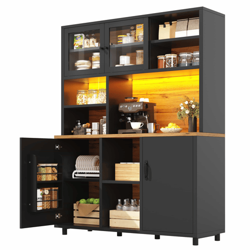Armário alto de cozinha de 185 cm - iluminação LED, controlo por aplicação, portas de correr, prateleiras ajustáveis - preto com veios de madeira