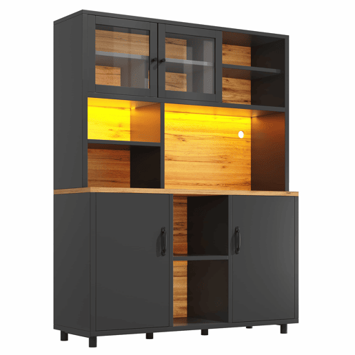 Armário alto de cozinha de 185 cm - iluminação LED, controlo por aplicação, portas de correr, prateleiras ajustáveis - preto com veios de madeira
